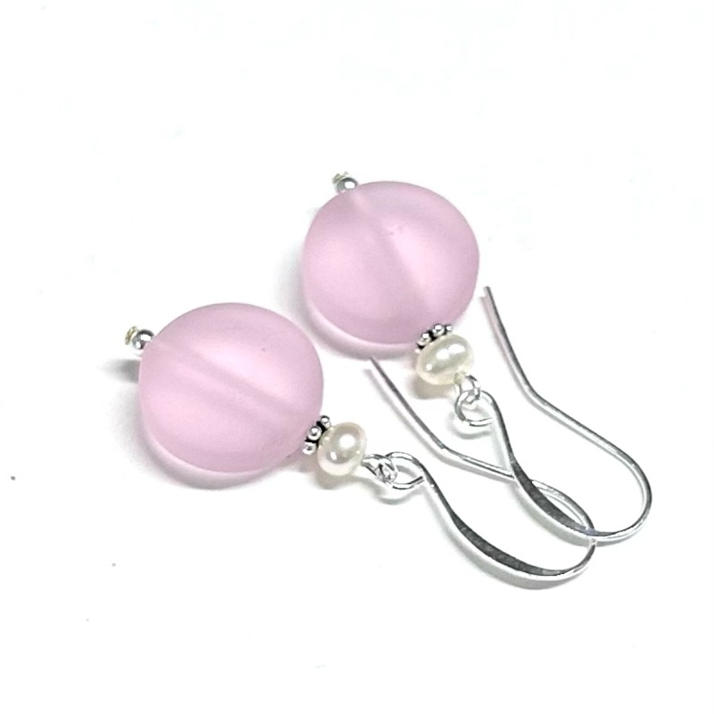 Pink Sea Glass Earrings Sterling Silver and Freshwater Pearls